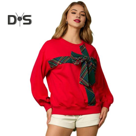 Christmas Hoodie Women O-Neck Long Sleeve Plaid Print Bowknot Decor Sport Tops Loose Fit Casual Pullover Tops
