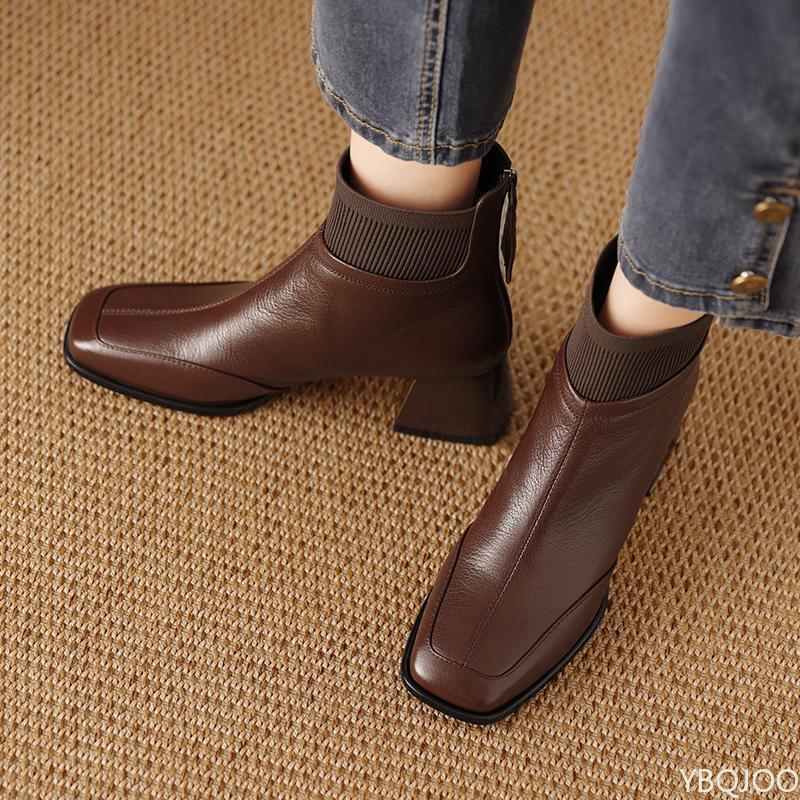 Retro fashionable versatile thick heel square toe short boots women autumn winter high heels elegant simple warm wowomen shoes