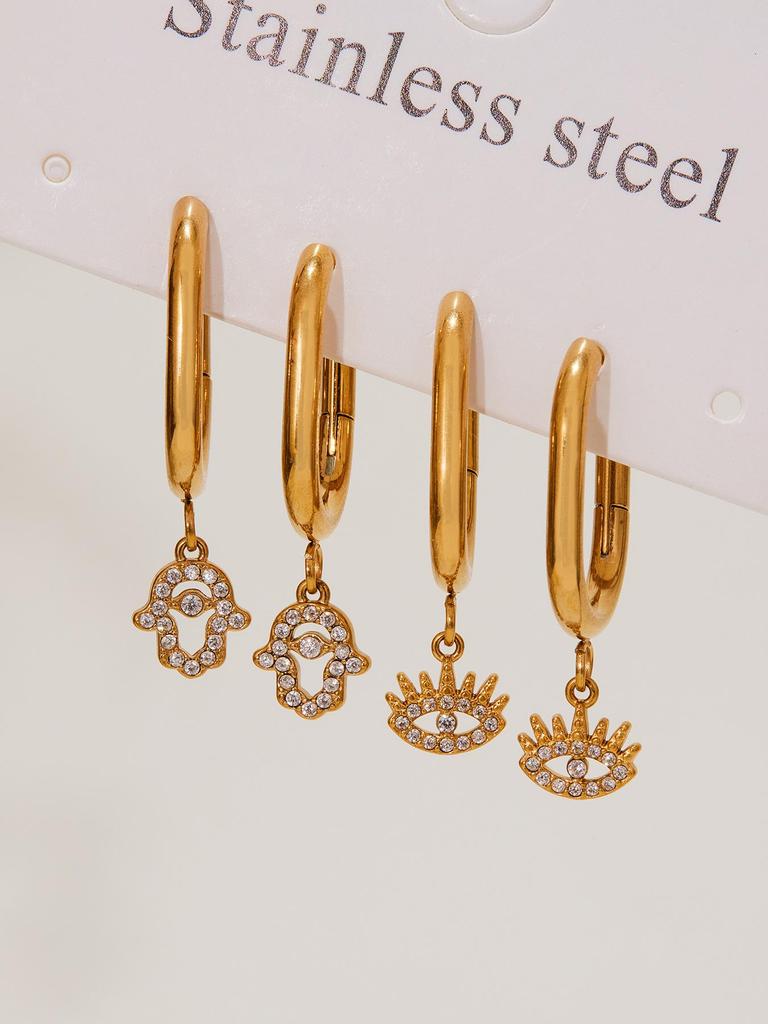 Qiong Yao 18K Gold Plated Evil Eye Diamond Pendant Hoop Earrings - Fashionable Stainless Steel Clip Design