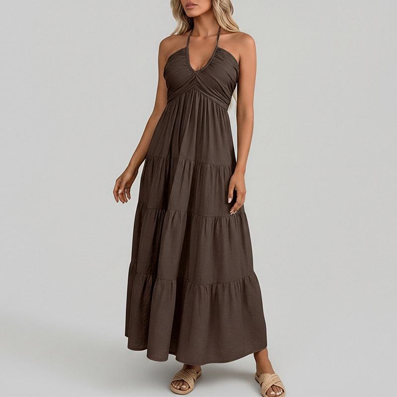 Summer new European and American women's clothing, French elegant solid color neck dress long dress