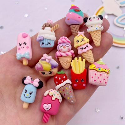 12 Stück bunte Mini-Figuren aus Kunstharz mit verschiedenen Früchten, Cartoon-Eiscreme-Kuchen, Pommes Frites, Sammelalbum, flache Rückseite, 3D-Figuren, Heimdekoration, Zubehör, Kunsthandwerk