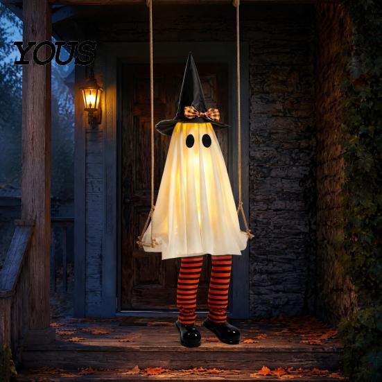 Einfach aufzubauen Halloween Geist Hängende Schaukel Dekoration, Leuchtend Große Schwingende mit Beleuchteter Veranda Dekor Hexenhut Und Gestreifte Beine für Hof Terrasse Garten