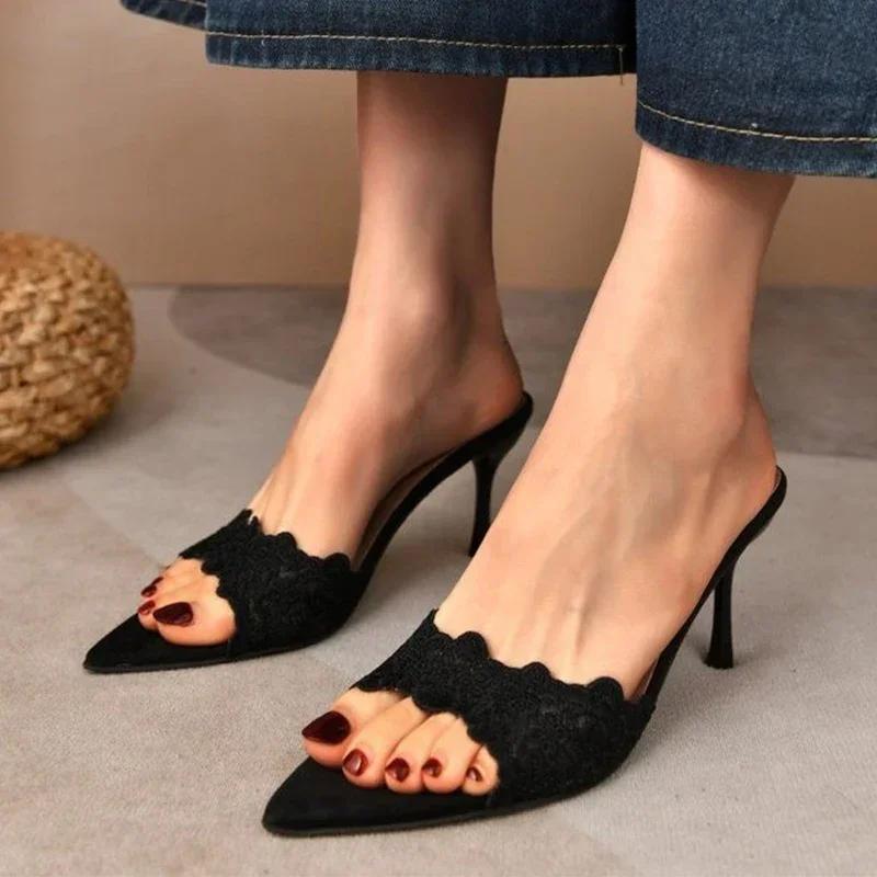 Fashion 2025Lace High Heels Women Slipper Sexy Pointed Toe Shoes  Dress Sandals 2025 Summer Trend Elegant Slides Fad Flip Flops