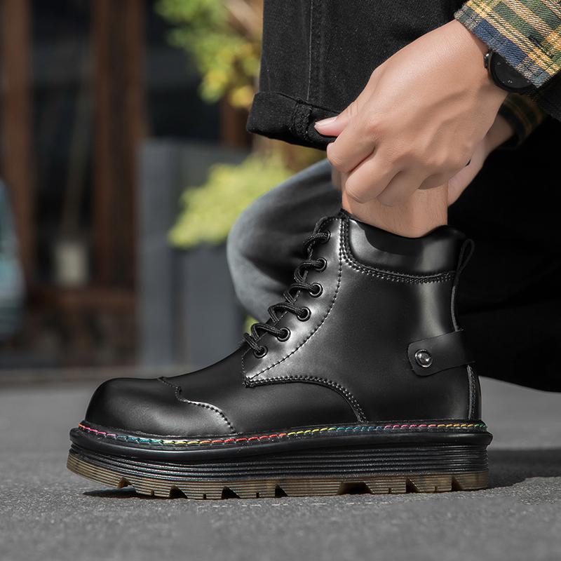 

Мужские мотоботы в стиле ретро на платформе, с круглым носком, из толстой натуральной кожи, в британском стиле, на массивной платформе, на шнуровке, короткие ботильоны 38 чёрный