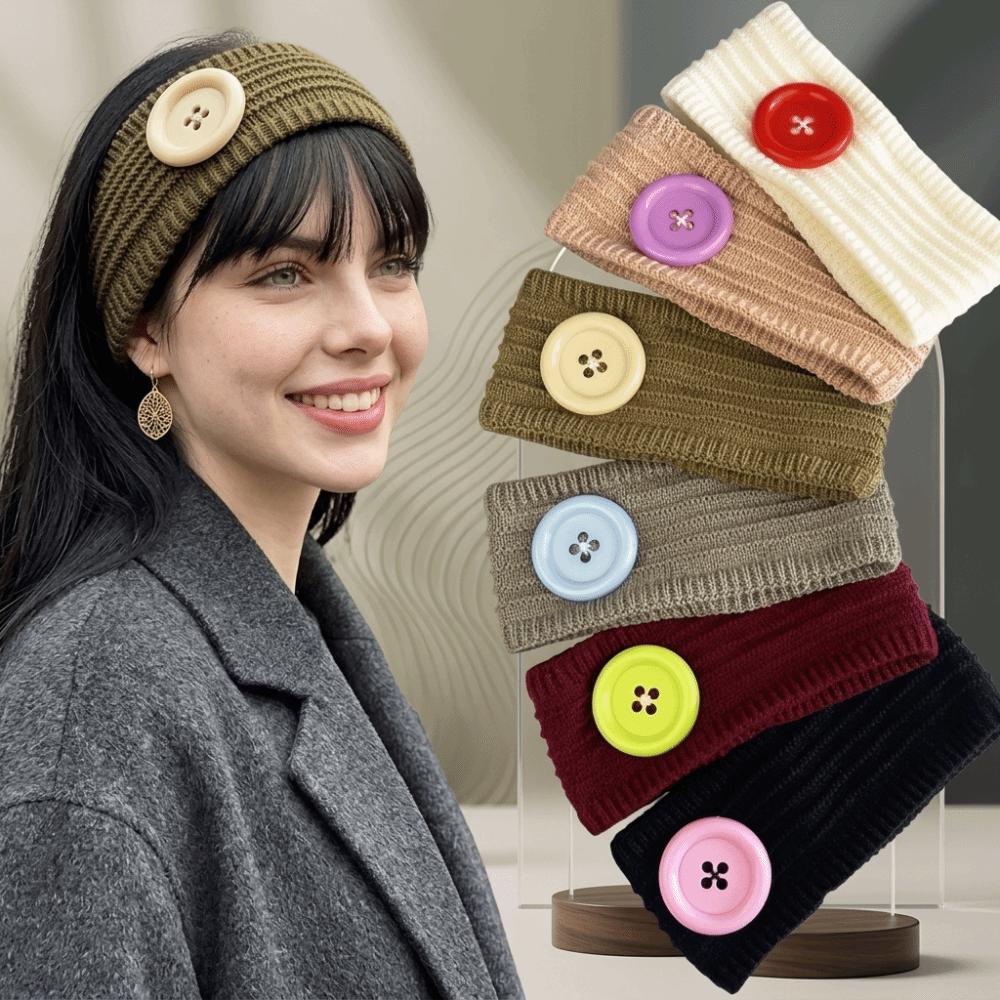 Wide Band Knit Headband Colorful Button Hair Wrap Durable Warm Hair Band Winter Daily Wear