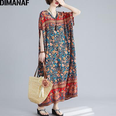 DIMANAF Plus Size Dress Women Clothing Summer Sundress Bohemian Floral Print Elegant Lady Vestidos Loose Oversize Maxi Dress 5XL