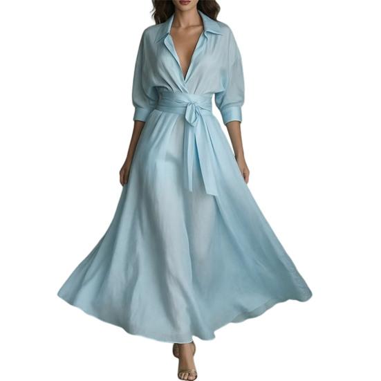 Damen Maxikleid Hemdkleid, Halbsärmel Revers V-Ausschnitt Langes Kleid, Lässiges A-Linie Lockeres Schwingkleid mit Taschen