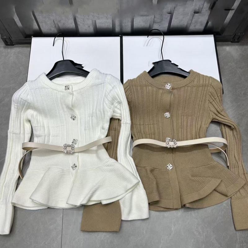 French Elegant Spring Knit Cardigan: Solid Color, Round Neck, Slimming Waist-Cinch, Long Sleeve, Versatile Top