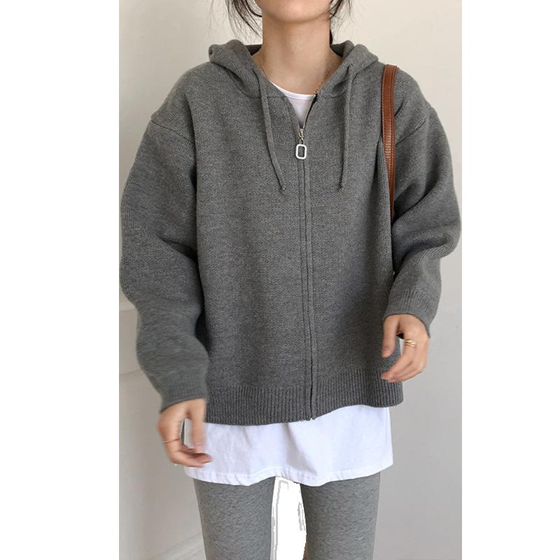 Zippered Hooded Knitted Cardigan Sweater for Women's Autumn Casual Wear Elegant and Comfortable Women's Clothes