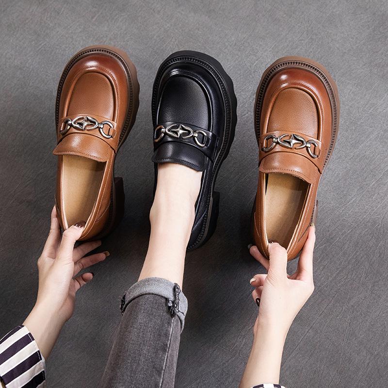 The first layer of cowhide loafers women's 2025 spring new leather retro one-pedal platform muffin single shoes women's shoes