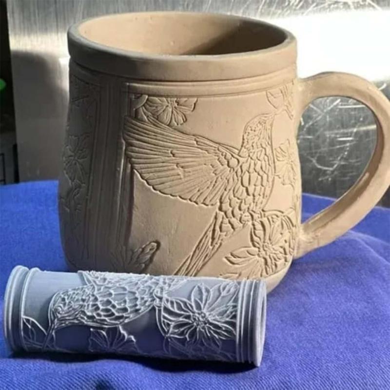 Clay Tile Roller Clay Texture Roller Handmade Pottery Tool Bird Pattern Rolling Pin Rollers for Pottery Projects