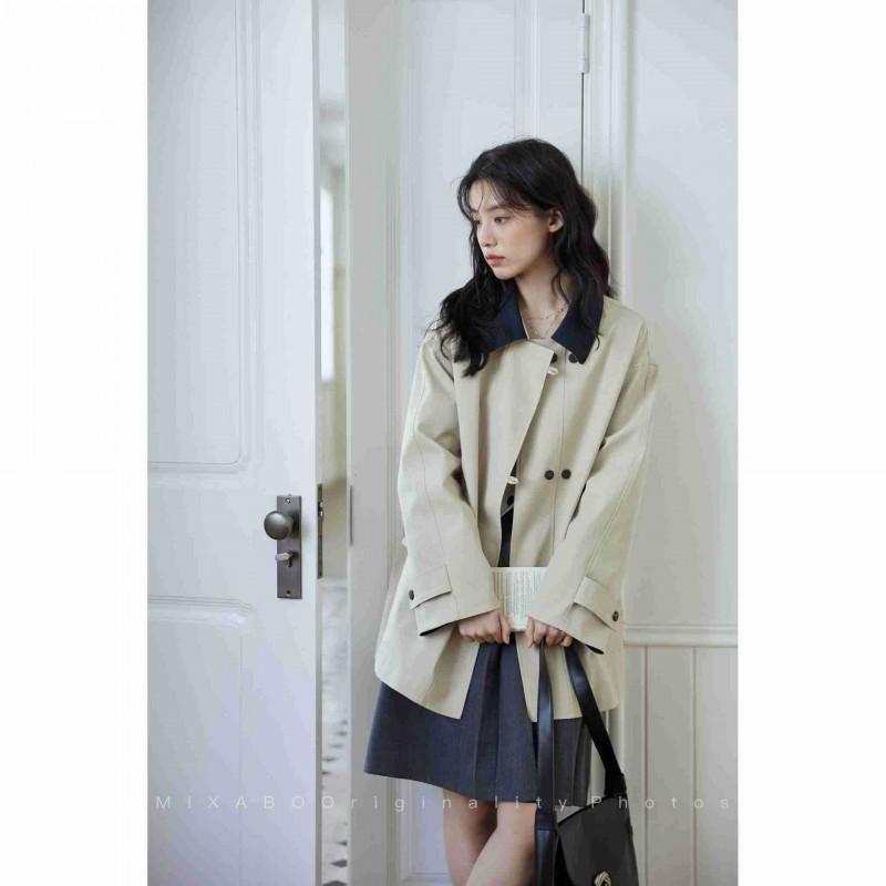2026 Womens Lightweight Cotton-Quilted Short Trench Coat Color-Block Casual Outerwear Loose Fit With POLO Collar