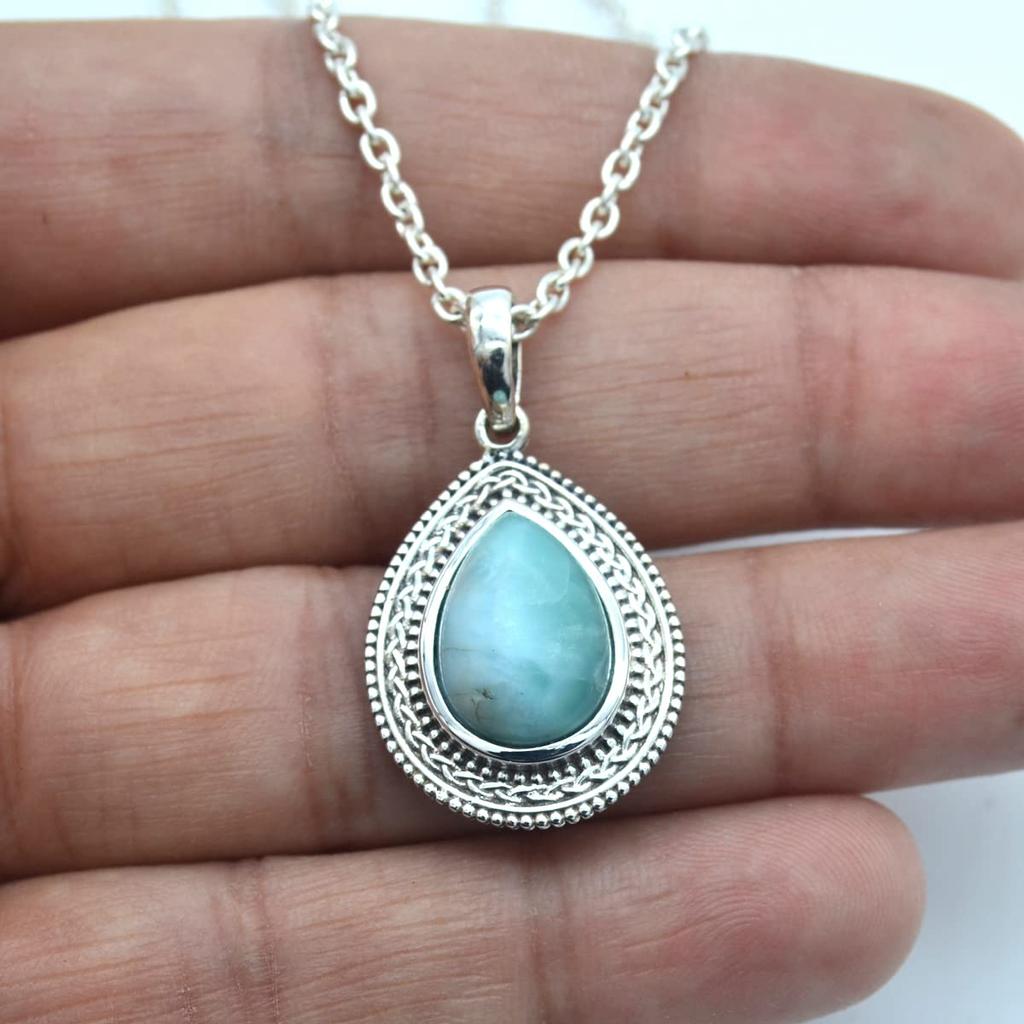 Pear Cabochon Larimar (5 Cts) Pendant Necklace Solid 925 Sterling Silver Gemstone Pendant with Chain Jewelry For Women or Girls