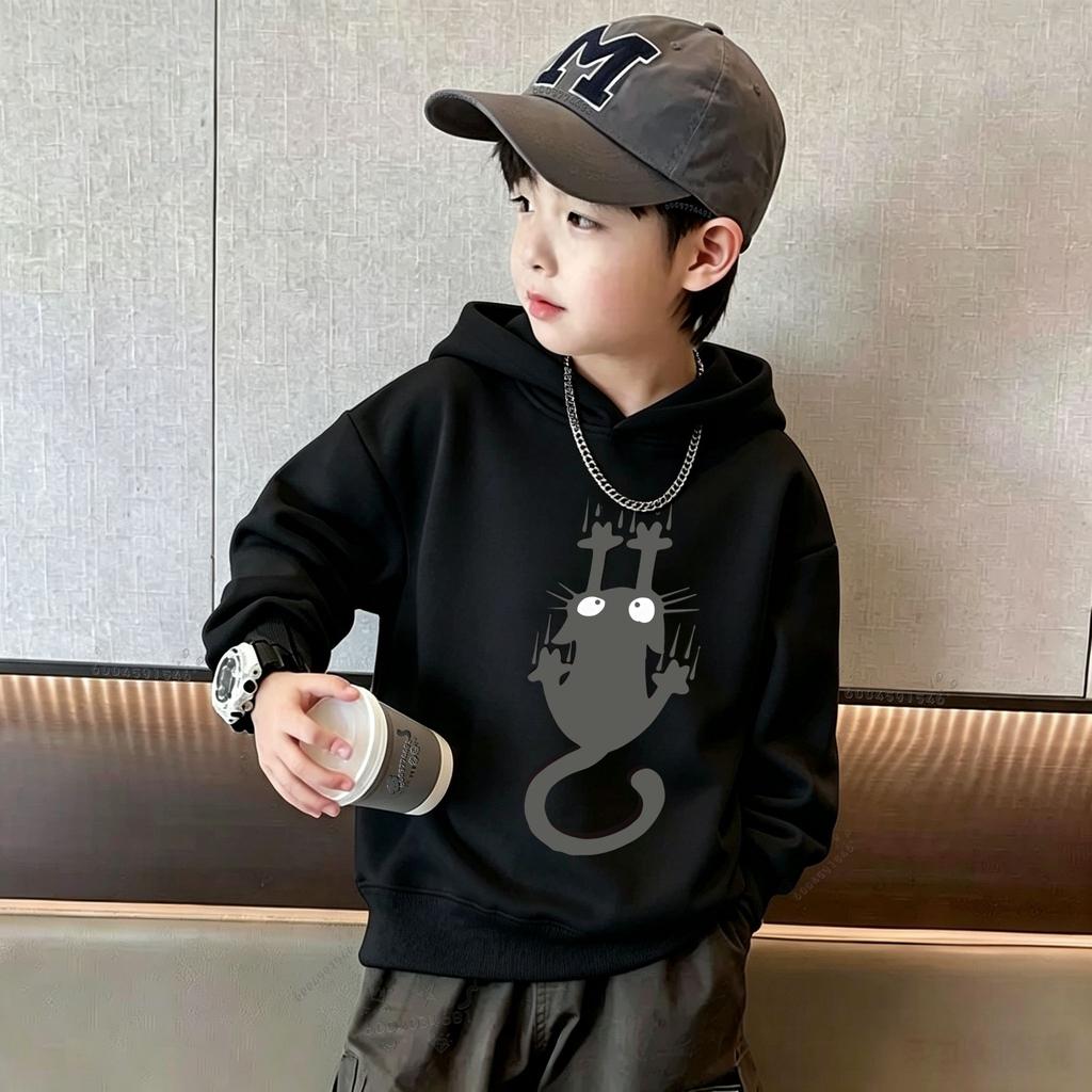 Y2K Kids Hoodie Sweatshirt Funny Upside Down Black Cat Print Long Sleeve Pullover