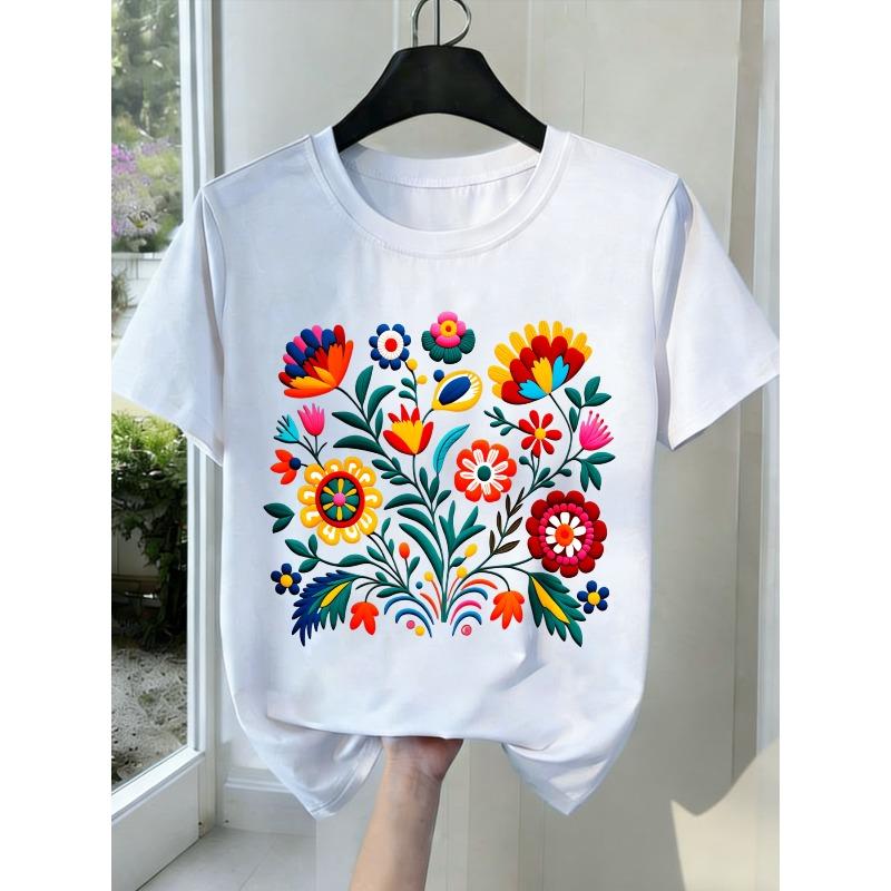 New Women's T-shirts Black White Grey Colorful Floral Print Round Neck All-Season Trendy Comfortable New Year Valentine Gift Top