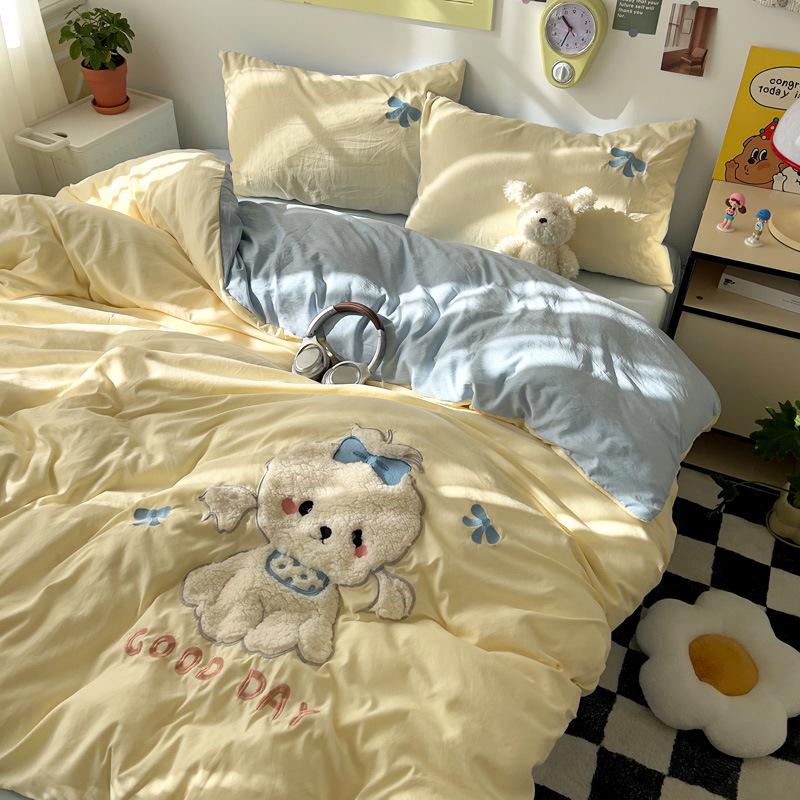 Cartoon Soft Cotton Washable Single Bed 3-Piece Set: Fitted Sheet, Flat Sheet, Skin-Friendly