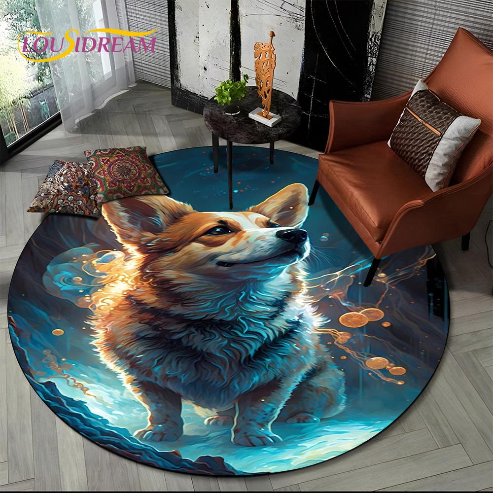 Cute Dog Samoye,Chihuahua,Koki Pomeranian Cartoon Round Carpet Rug for Living Room Bedroom Decor,kids Pet Area Rug Non-slip Mat