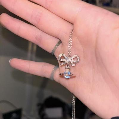 Novo 1:1 Colar Saturno Gelo Azul Westwood Corrente Choker Planeta 3D Feminino