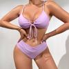 Women Front Tie Cutout V Bikini Set Thin Spaghetti Straps Cross Wrap High Waist Two Piece Bathing Suit