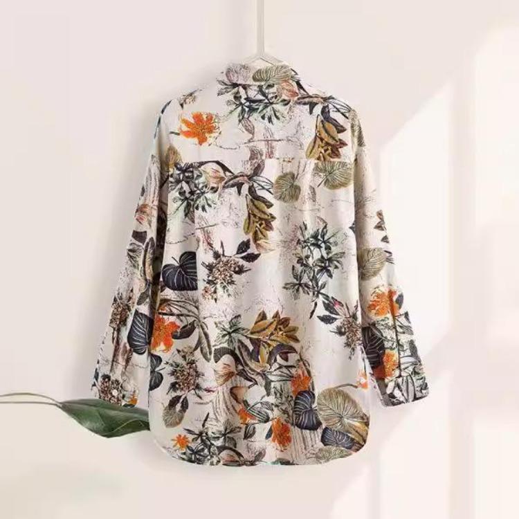 Vintage Floral Print Button Up Shirt Womens Cotton Linen Long Sleeve Top Spring Lapel Shirt Plus Size Ladies Blouse