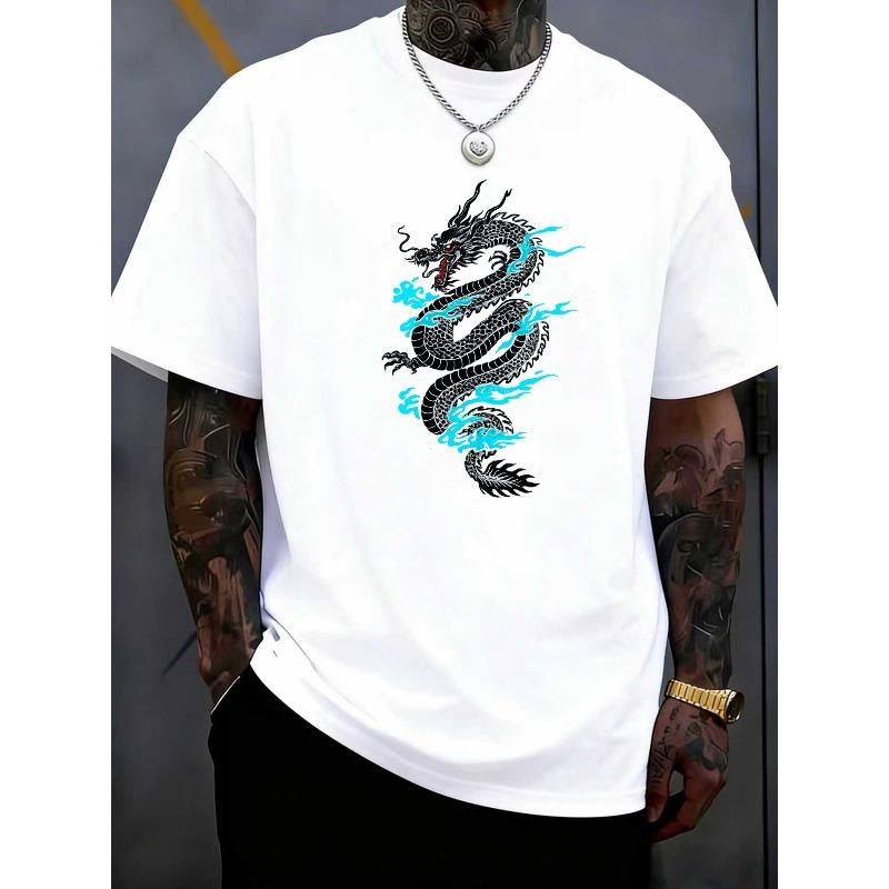 

European sizes Men s Dragon Graphic Print Crew Neck T-Shirt - Soft, Regular Fit, Comfortable and Versatile, Perfect for Everyday Casual Wear 4XL білий