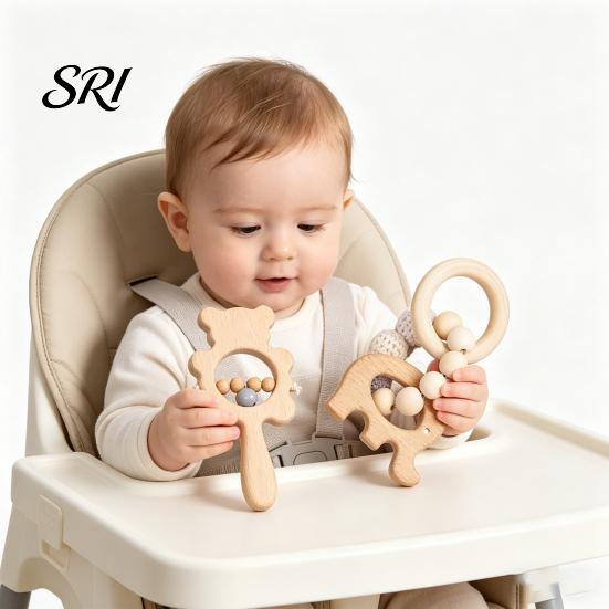 Beech Wood Baby Toy 1 Pair Wooden Rattle with Bell Beads Hedgehog Rabbit Elephant Bird Bead Teething Grip Ring Newborn Boys Girls Early Education