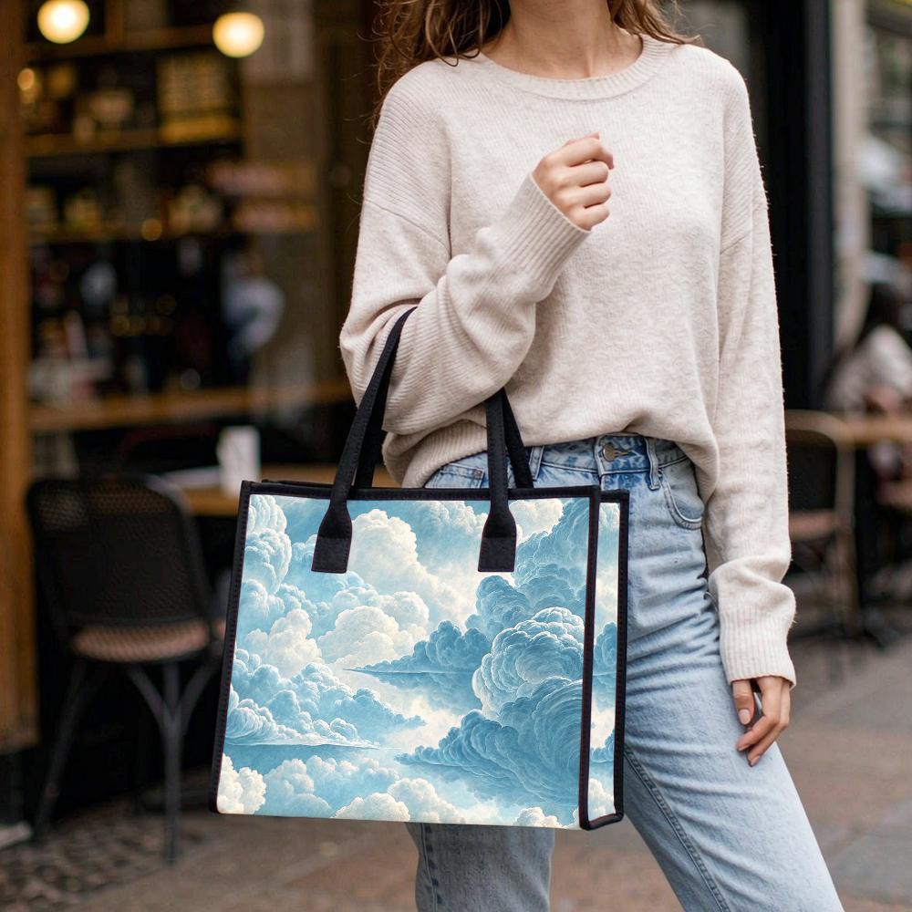 Cloud Print Casual Tote Bag Large Capacity Lightweight Daily Shoulder Purse for Outdoor Travel Shopping