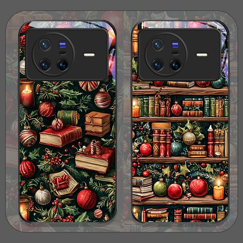 Cute Bookshelf Christmas Print Tempered Glass Phone Case for OPPO Reno 13 F 12 11 Pro 10 SE Find X3 Lite X8 X5 X7 A79 A58 Cover