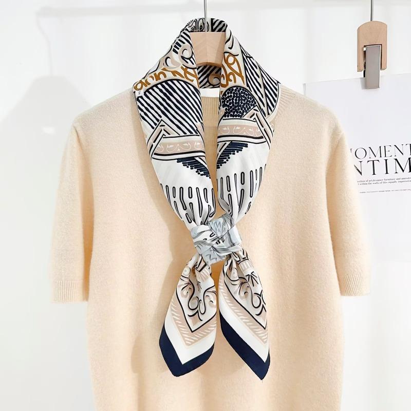 90Cm Geometric Printed Scarf Women'S Spring Summer New Imitation Silk Twill Square Scarf Temperament Versatile Headscarf Shawl