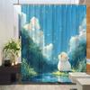 Cartoon Landscape Animal Shower Curtain - Sheep & Blue Sky, Green Trees, Creative Design, Polyester Fabric, Bathroom Decor