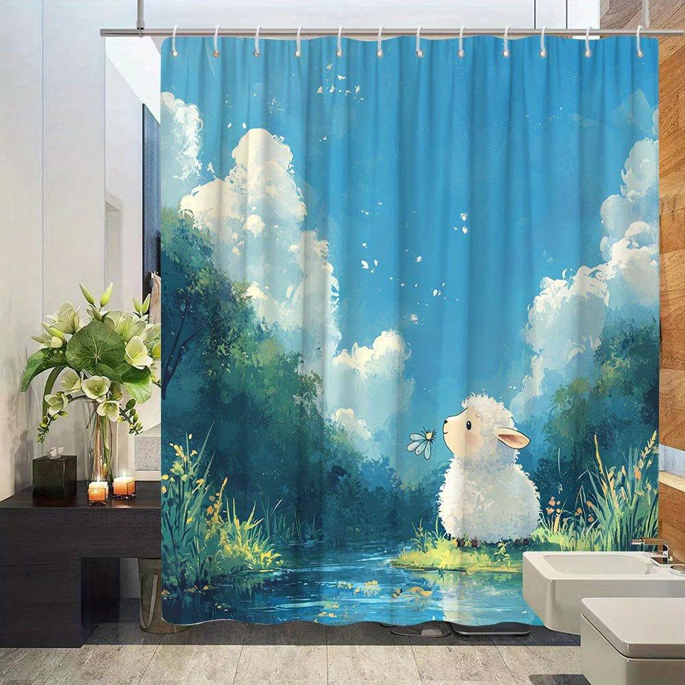 Cartoon Landscape Animal Shower Curtain - Sheep & Blue Sky, Green Trees, Creative Design, Polyester Fabric, Bathroom Decor