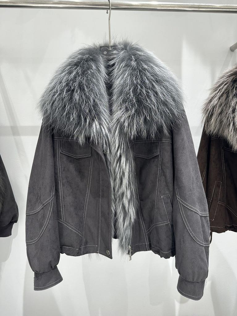 Giacca top con colletto alla coreana design retrò americano da donna autunno e inverno nuova piumino staccabile con pelliccia di procione naturale vera