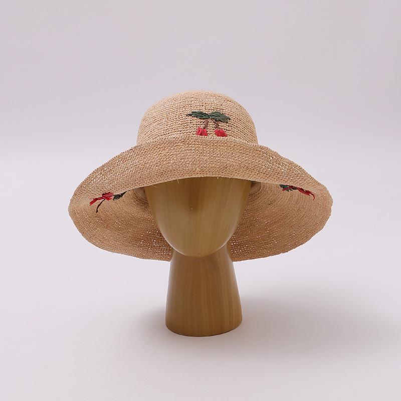 Handmade Crochet Cherry Embroidery Lafite Straw Hat Bucket Hat Women's Summer Seaside Foldable Sunscreen Sunshade Basin Hat