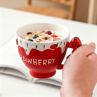 1pc 13.5oz (400ml) Large Capacity Strawberry Ceramic Coffee Mug, Underglaze Glaze Breakfast Cup with Cute 3D Strawberry Handle F