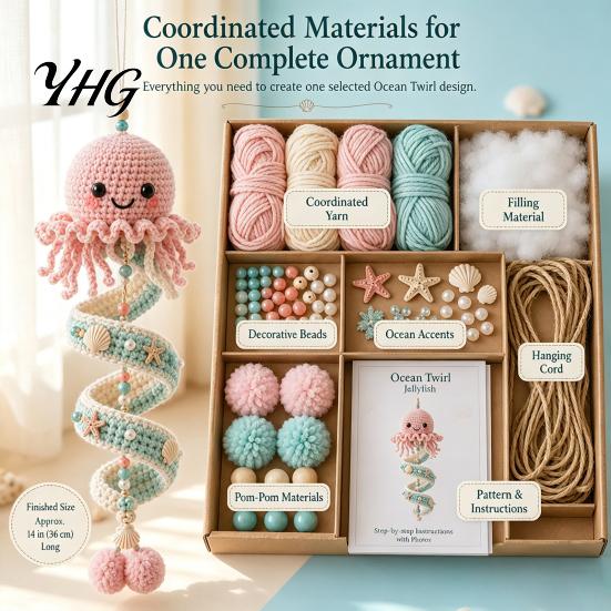 Beginner Crochet Kit for Adults Ocean Animal Spiral Kit, DIY Coastal Hanging Ornament Craft Educational Knitting Novices with Yarn And Accessories