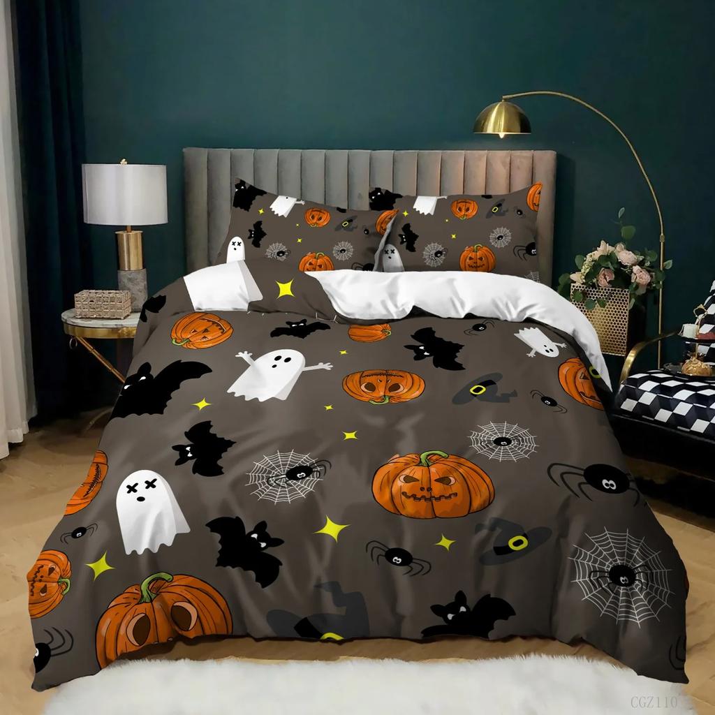 Halloween Bedding Set Gothic Spooky Duvet Cover Pumpkin Lantern Comforter Cover for Kids Boys Bat Spider Web Comforter Cover