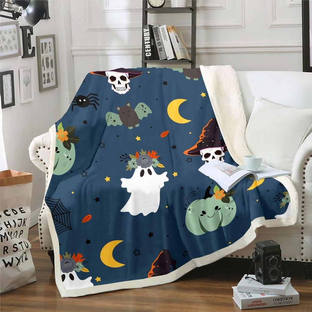 Halloween Ghost Blanket Soft Fleece Throw Pumpkin Spider Web Design Home Decor Party Gift Kids Room
