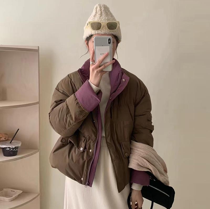 Contrasting color stand-up collar down jacket 2024 winter new loose fashion dopamine thickened warm bread jacket
