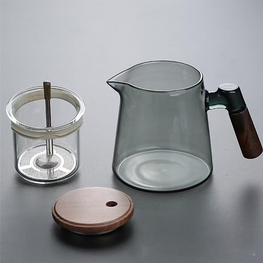 650ML Glass Tea Pot Kettle Infuser One Click Switch Heat-resistant Teapot Water Separation Inner Tea Filtration Wooden Handle
