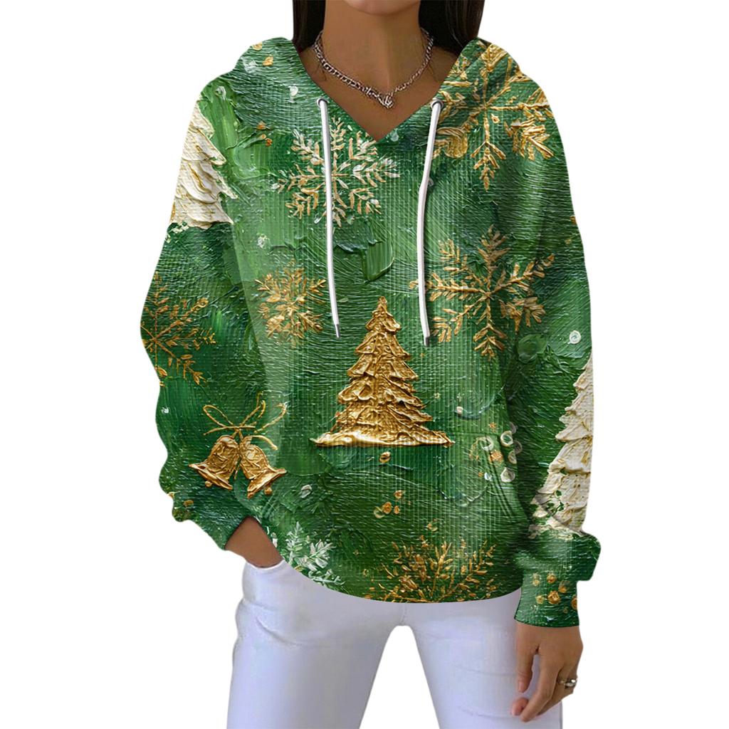 Women's Loose Comfortable Casual Fashion V-Neck Christmas Print Long Sleeve Hoodie