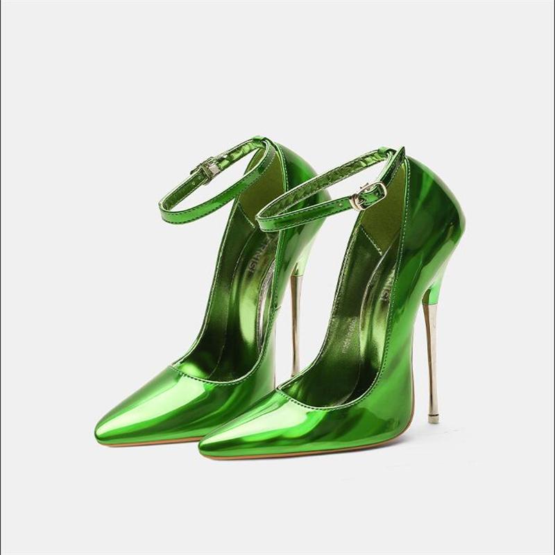 Women Ankle Strap Metal High Heel Shoes Pointed Toe Pumps for Nightclub Party Banquet Catwalk Pole Dance Princess Cross Dressing