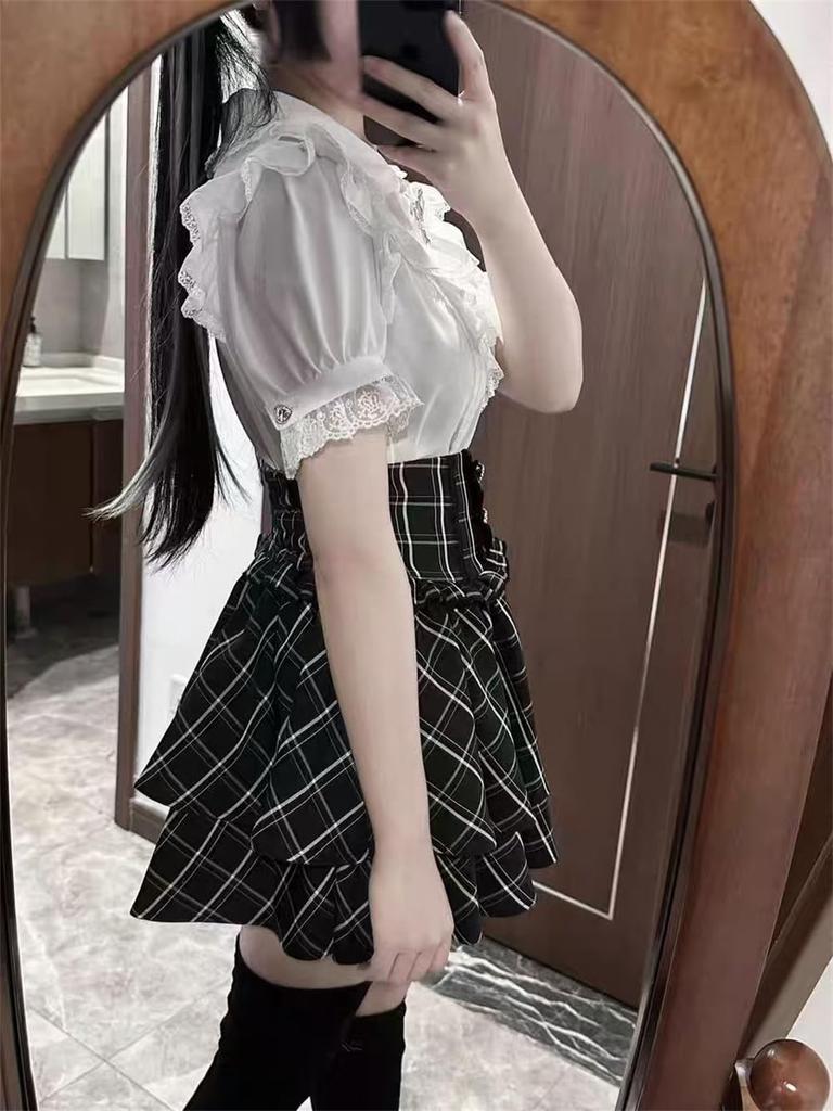 Mini Pleated Skirt with Everyday Harajuku Style [KEWJYUE] Landmine-style Ruffles, High-Waisted, Slimming, Above-the-Knee, Leg-Slimming, Cute,