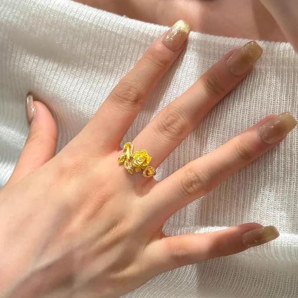 Vietnam Gold Sand Light Luxury Rose Winding Ring for Women - Fashionable Floral Plain Jewelry Ring