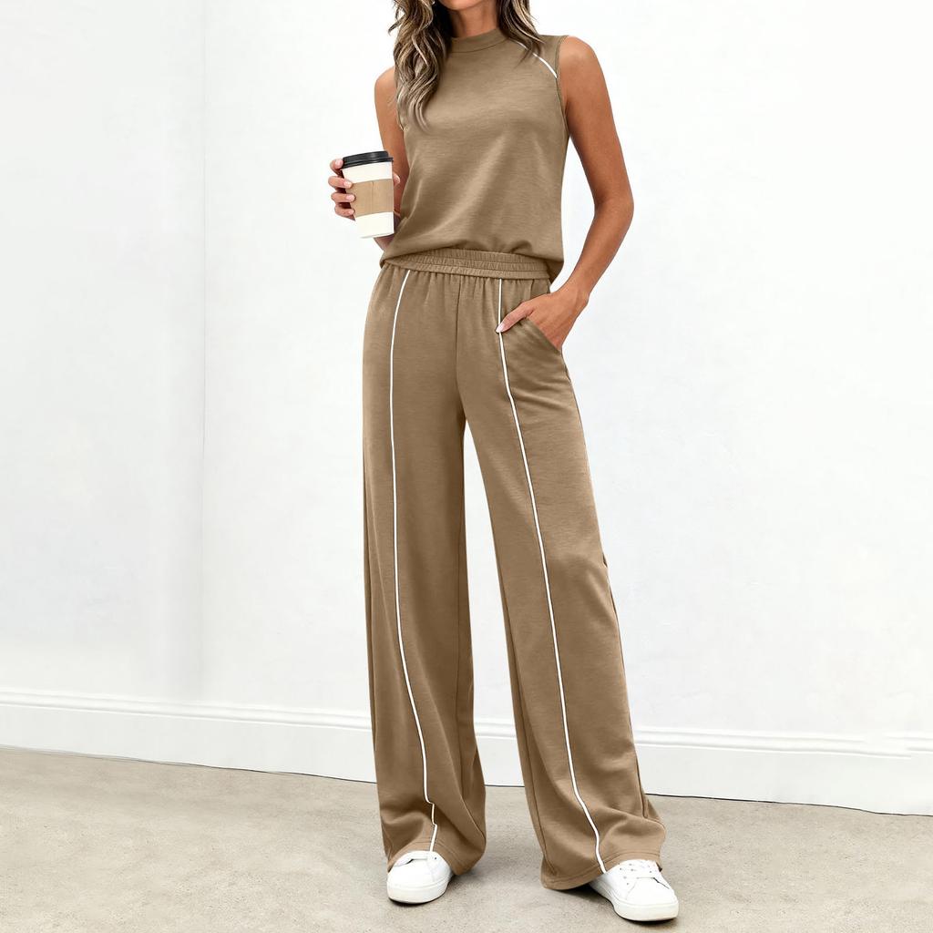 Women Sleeveless High Neck Top and Wide Leg Pants Set Casual Two Piece Outfit Elastic Waistband Relaxed Fit Soft Fabric