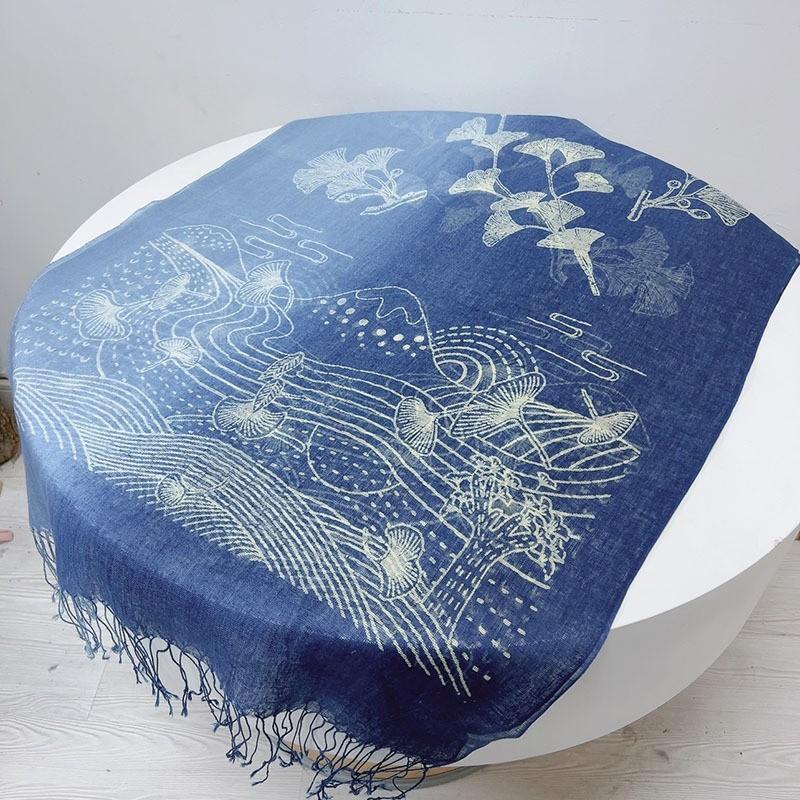 Autumn And Winter Gradient Blue Color Linen Soft Scarves Women Tie Dyed Ethnic Design Scarf Summer Travel Sunscreen Long Shawl