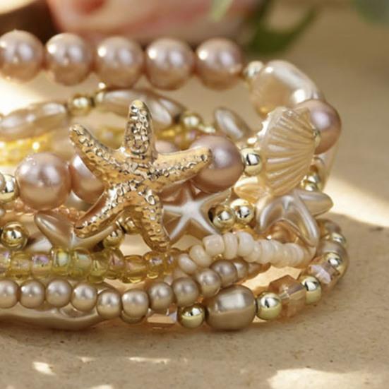 1 Set Bohemian Starfish Bracelets for Women Coastal Style Stackable Stretch Bracelets Faux Pearl Beaded Bracelets for Holiday Summer Beach