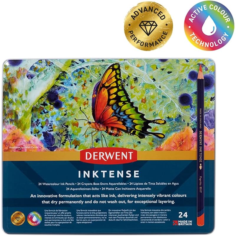 

Derwent Inktense Pencils Tin, Set of 24, Great for Holiday Gifts, 4mm Round Core, Firm Texture, Watersoluble, Ideal for 24 Count (Pack of 1) синий