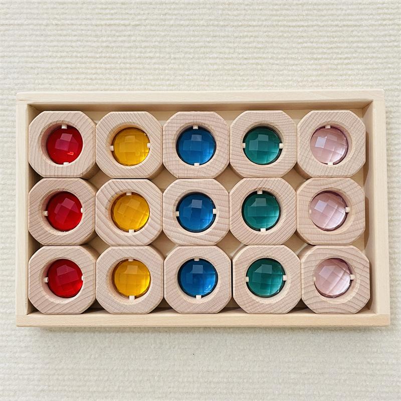 Large Wooden Fairy Tale Windows Blocks with Sparkling Stone Acrylic Toy Gems Transparent Window Stacking Blocks for Children