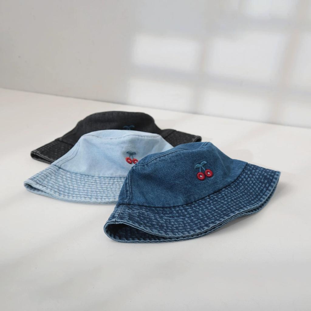 Little Cherry Denim Fisherman Hat For Women Summer Sun Protection Versatile Face-Slimming Bucket Hat Spring Bucket Hat