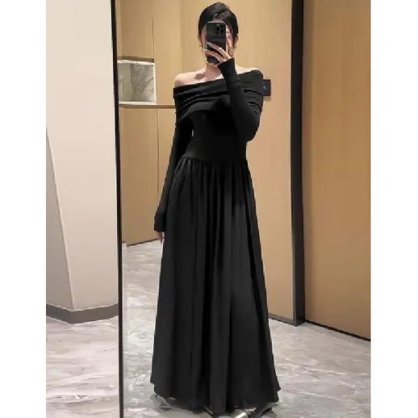 Celebrity fashion temperament lazy Internet celebrity one word shoulder long sleeves high waist splicing A word swinging foreign style dress fried